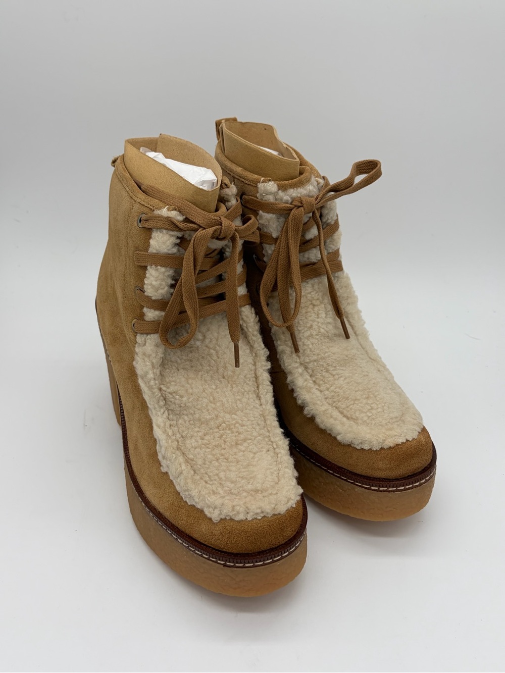 Sam Edelman Tan Suede Shearling Platform Ankle Boots